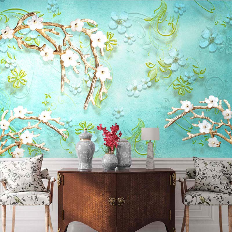Aqua Blossom Elegant D Floral Wallpaper