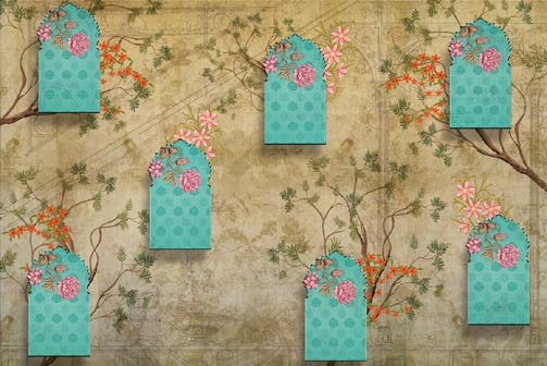 Aqua Floral Archway Vintage Wallpaper