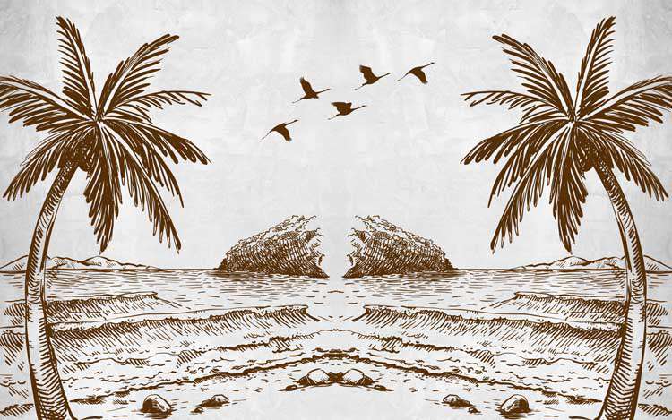 Coastal Serenity Palm & Crane Sketch