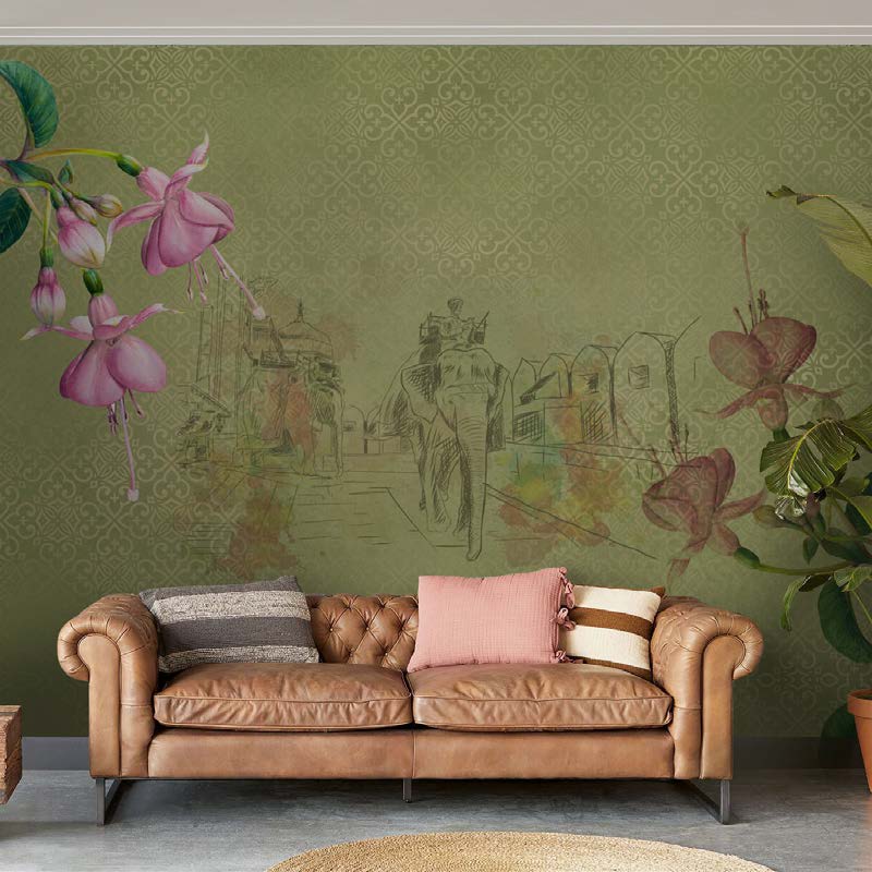 Elephant Passage Indian Floral Dreamscape