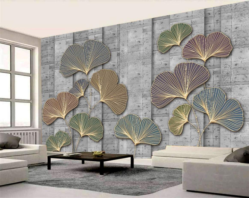 Gilded Ginkgo Leaves on Grey Stone Wall