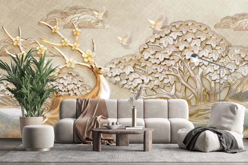 Golden Deer & Carved Trees Wallpaper