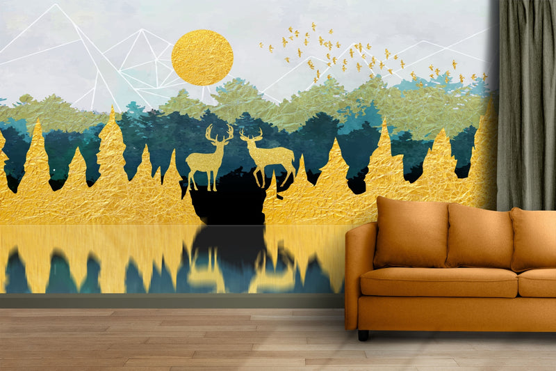 Golden Forest Deer Sunset Wallpaper