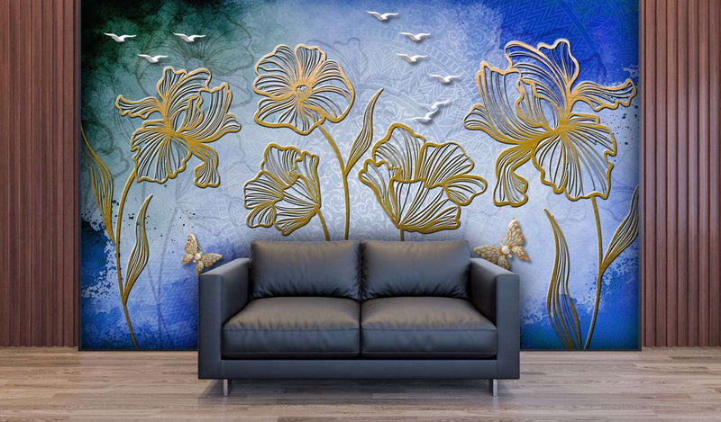 Golden Irises & Blue Watercolor Serenity