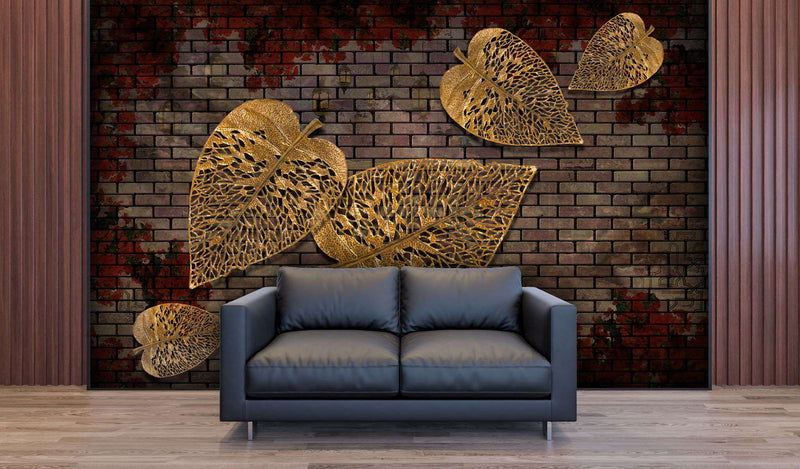 Golden Leaf Brick Wall Elegance