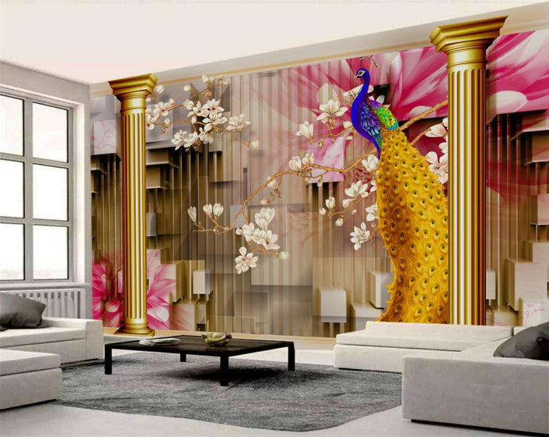 Golden Peacock & Magnolia Columns Wallpaper