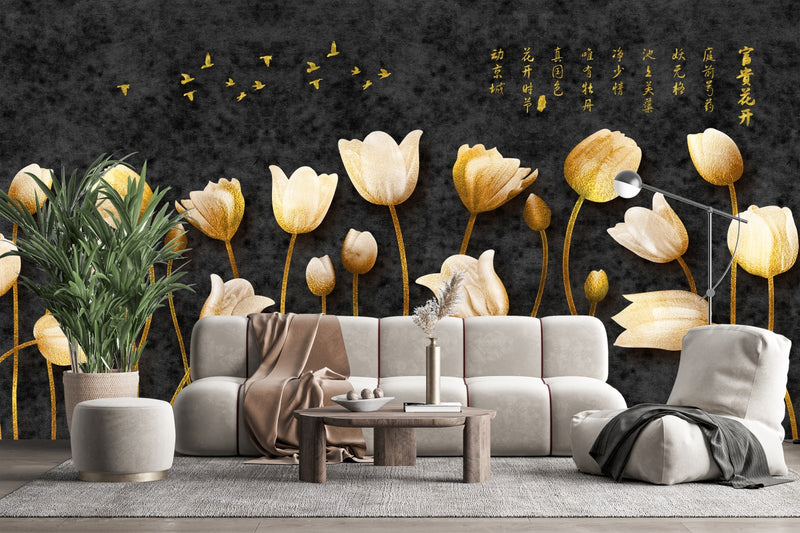 Golden Tulips & Flying Birds Wallpaper