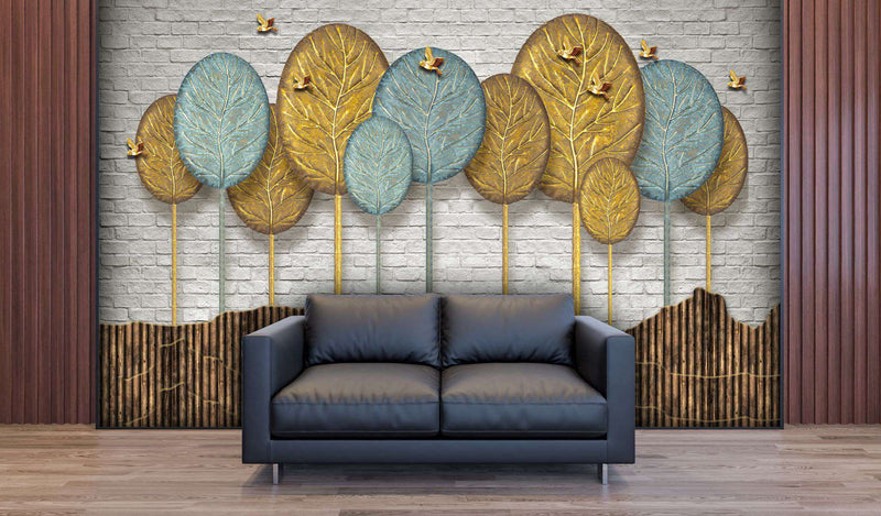 Golden & Teal Leaf Brick Wall Mural