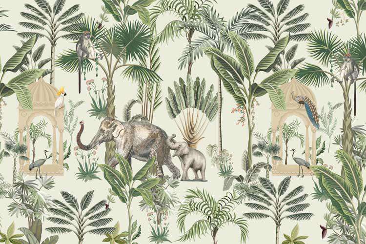 Lush Tropical Eden Elephants & Pagodas