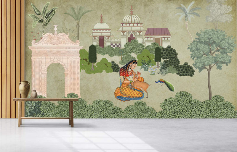 Mughal Garden Princess & Peacock Wallpaper