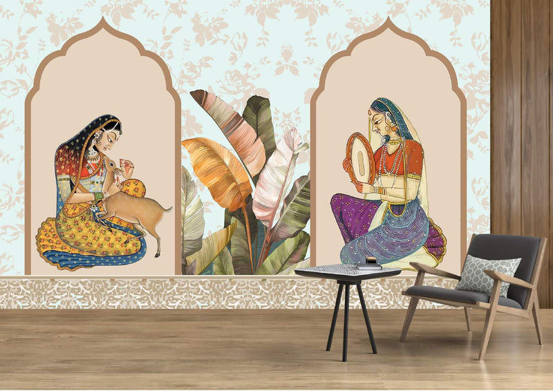 Mughal Princesses & Tropical Leaves Mural