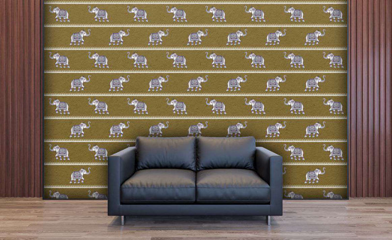 Olive Green Elegant Elephant Parade Wallpaper