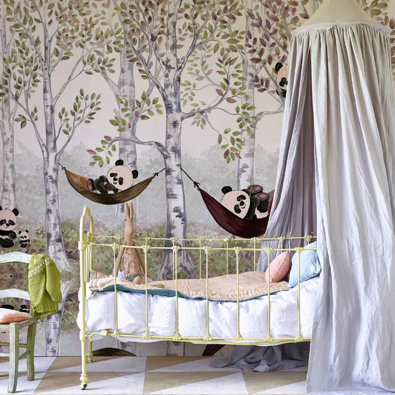 Pandas in Birchwood Hammocks Wallpaper Mural