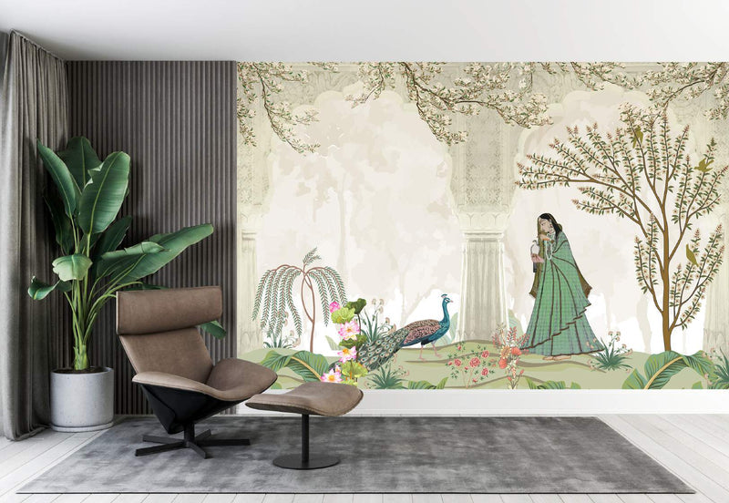 Peacock Garden Mughal Romance Wallpaper