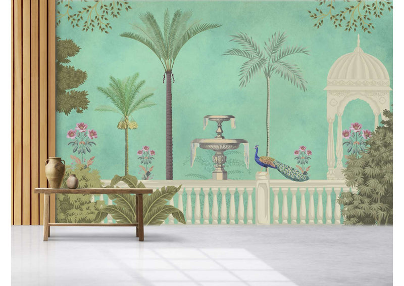 Peacock Paradise Mint Oasis Wallpaper