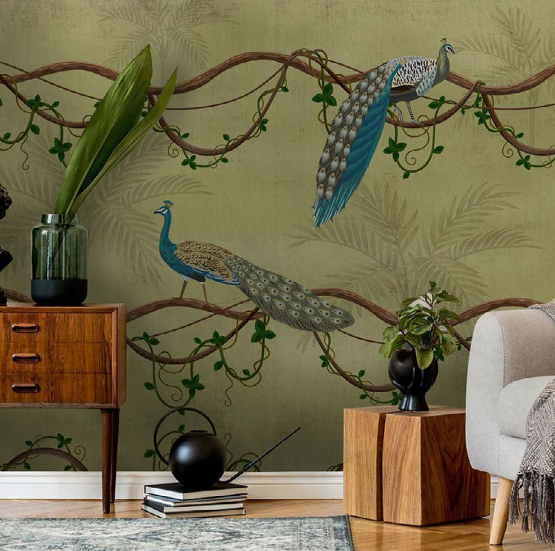 Peacock Paradise Vines Wallpaper