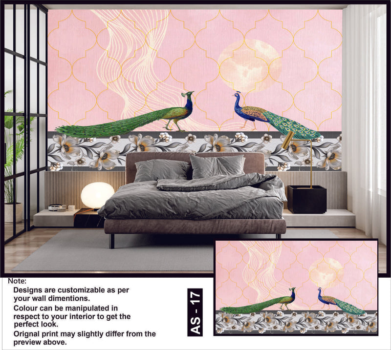 Pink Moonlit Peacocks Wallpaper Mural
