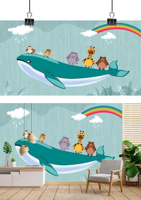 Rainbow Whale Safari Kids Wallpaper