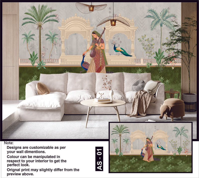 Rajasthani Princess & Peacocks Mural