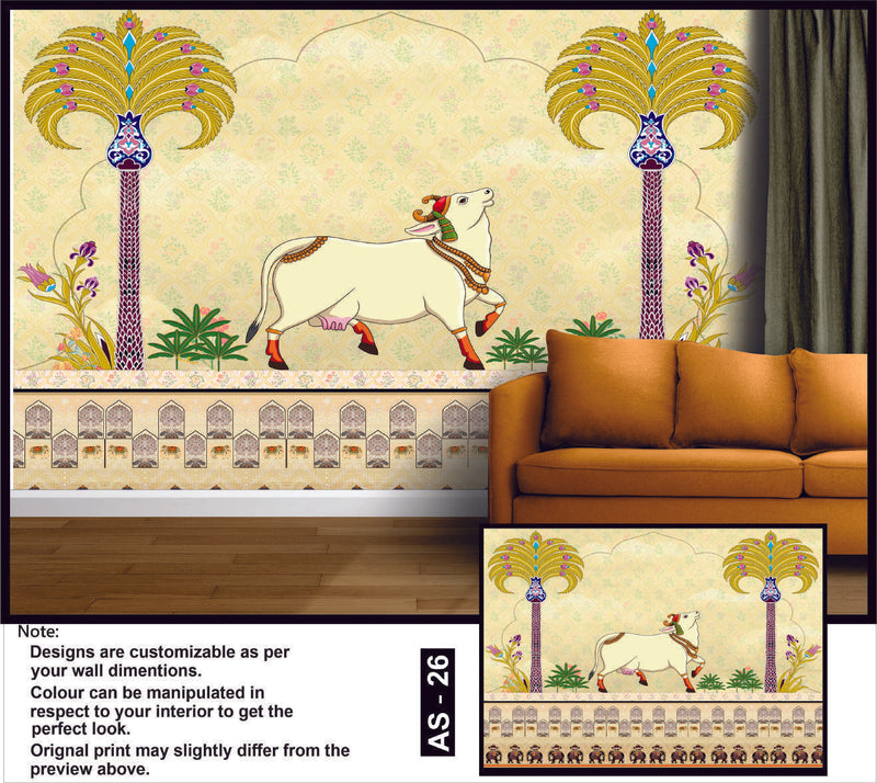 Sacred Cow & Palm Trees Mural Wallpaper