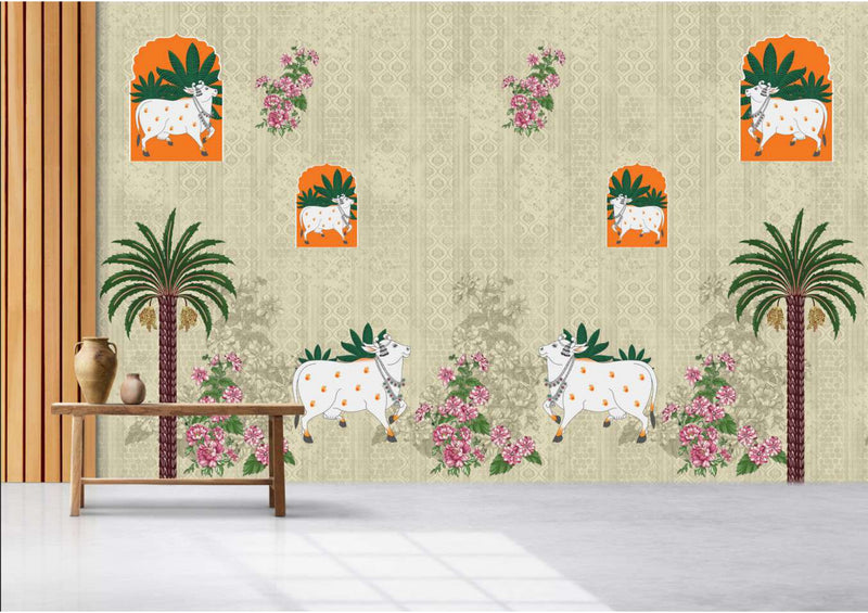 Sacred Cows & Palm Oasis Wallpaper