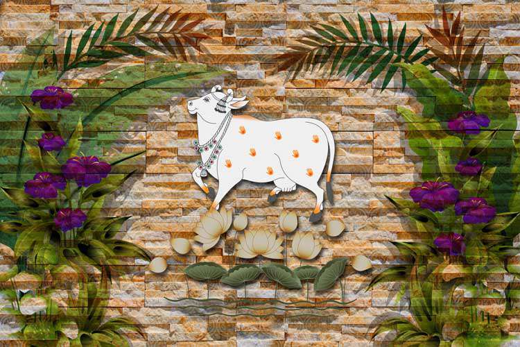 Serene Cow & Lotus Stone Wall Art