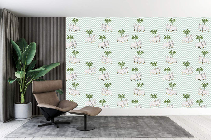 Serene Cows & Palms Chevron Wallpaper