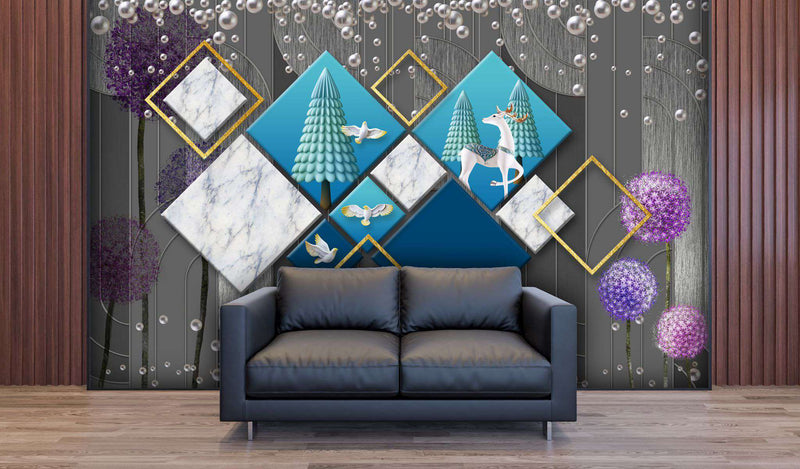 Serene Deer & Geometric Marble Dreamscape