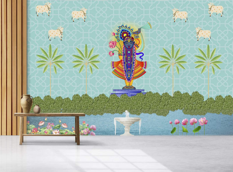 Serene Krishna Mural Celestial Oasis