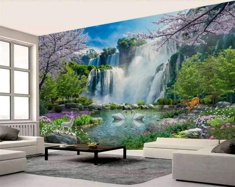 Serene Waterfall Oasis with Swans and Deer
