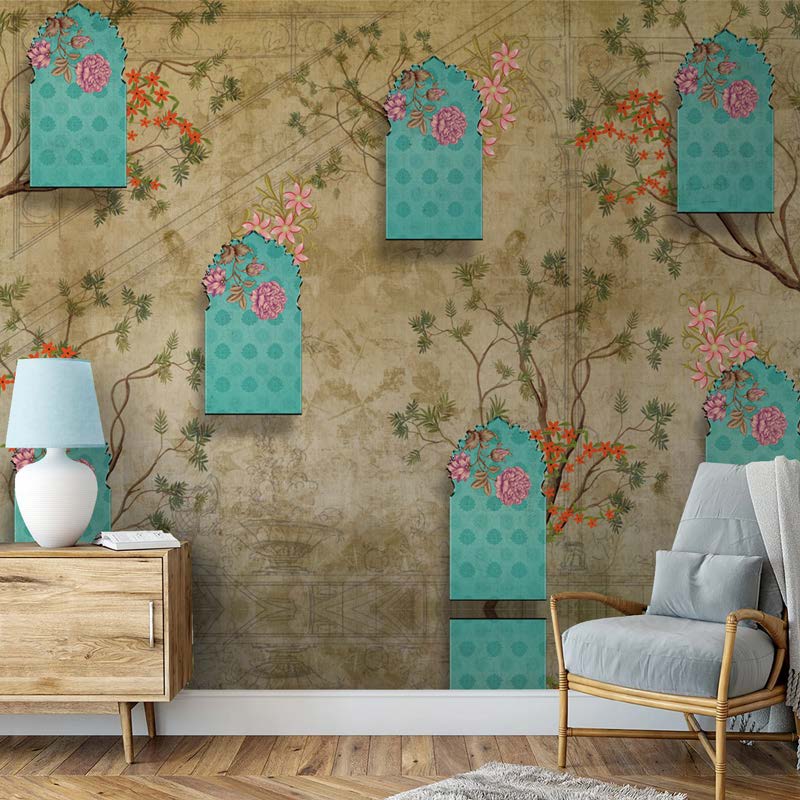 Teal Arches & Blooming Branches Wallpaper