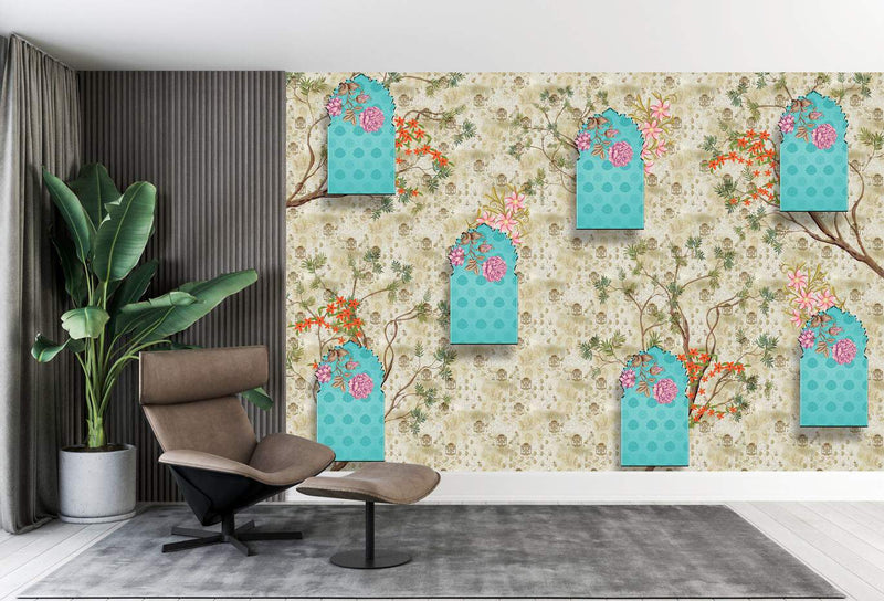 Teal Floral Arches Wallpaper Mural
