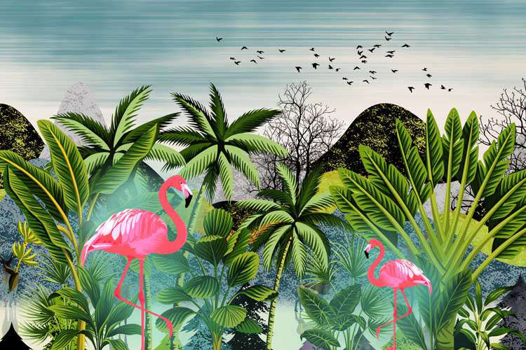 Tropical Paradise Flamingos Wallpaper