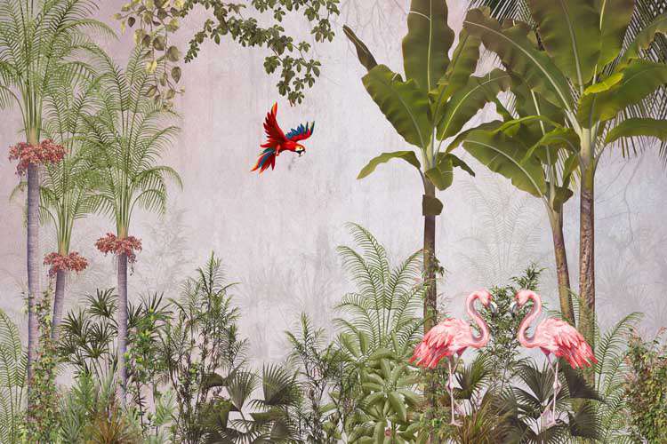 Tropical Paradise Flamingos & Macaw Mural