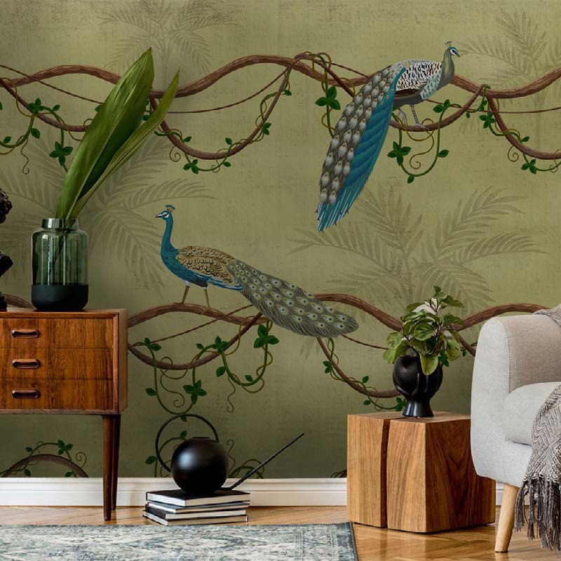 Tropical Peacocks in Vines Wallpaper Mural