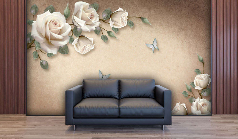 Vintage White Roses & Butterflies Wallpaper