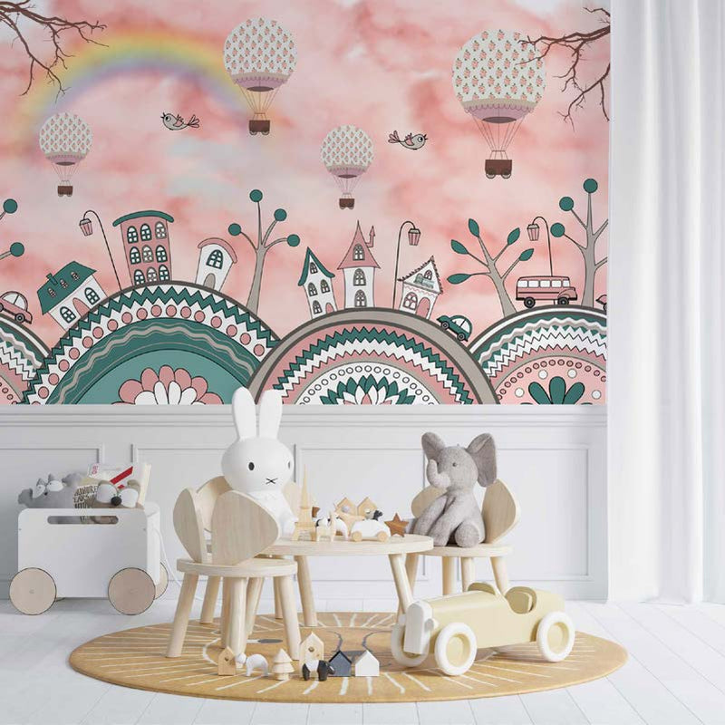 Whimsical Hot Air Balloon Town Wallpaper