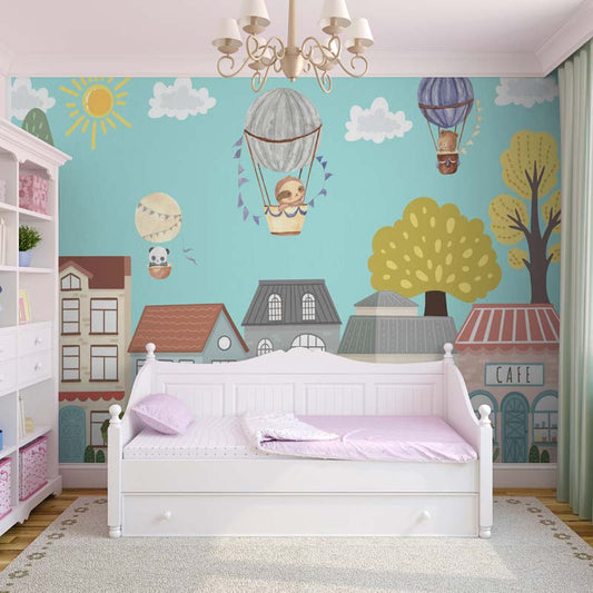 Adorable Animals Hot Air Balloon Town Wallpaper