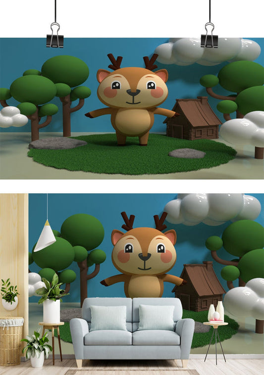 Adorable Deer in Cartoon Forest Wallpaper