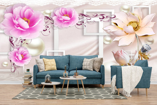 Blushing Blooms & Pearl Elegance Wallpaper