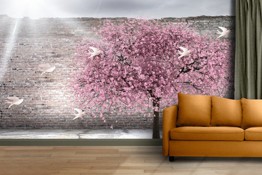 Brick Wall Blossom & Birds Wallpaper