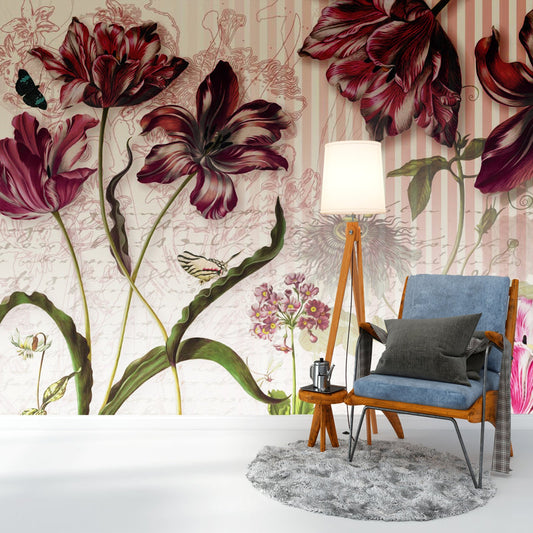 Crimson Tulips & Vintage Dreams Wallpaper