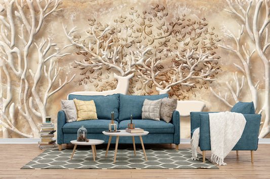 Elegant Deer & Branch Marble Wallpaper
