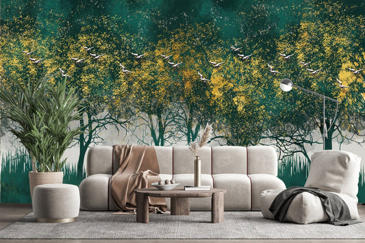 Emerald Canopy & Golden Birds Wallpaper