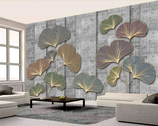 Gilded Ginkgo Leaves on Grey Stone Wall