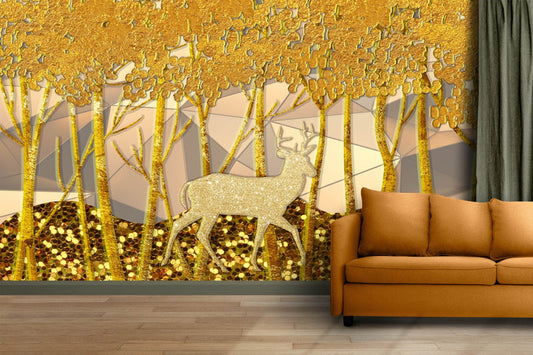 Golden Glitter Deer Forest Wallpaper