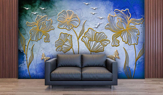 Golden Irises & Blue Watercolor Serenity