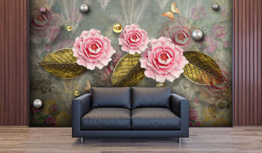 Golden Leaves & Pink Roses Wallpaper