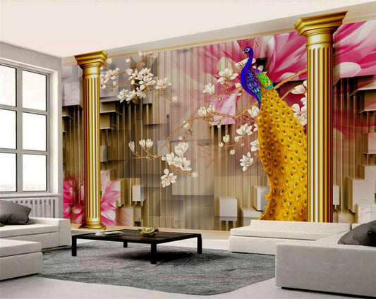 Golden Peacock & Magnolia Columns Wallpaper
