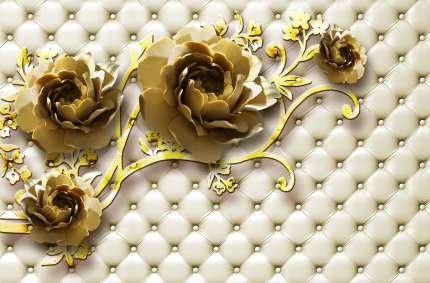 Golden Peonies on Cream Tufted Wallpaper